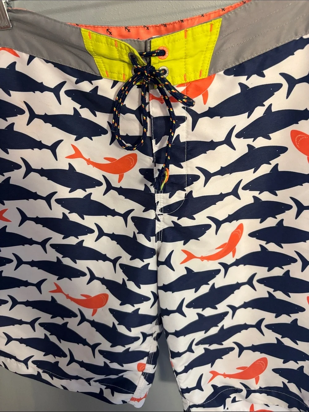 Sperry Men's Shark-Print Swim Trunks - Navy & Orange, size 34
